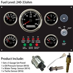 12V or 24V Boat 5 Gauge Set Instrument Panel with 3000RPM Tachometer Fuel Level Water Temp. Oil Pressure Voltmeter 300*190 mm