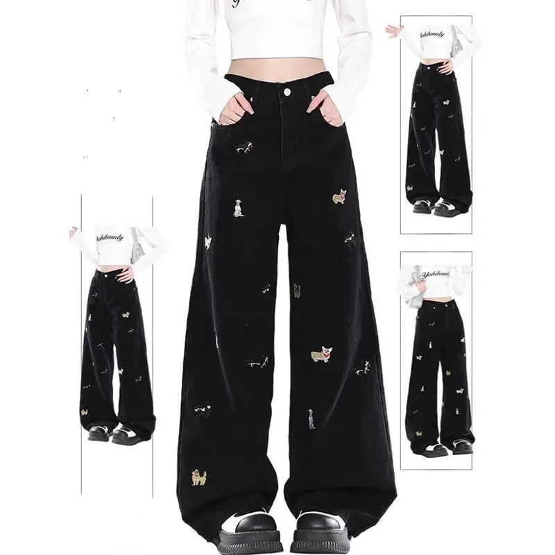 

Large Size 300 Pou Cartoon Dog Embroidery Straight Leg Jeans Men's Loose Wide Leg Long Pants Spring Autumn New Sle