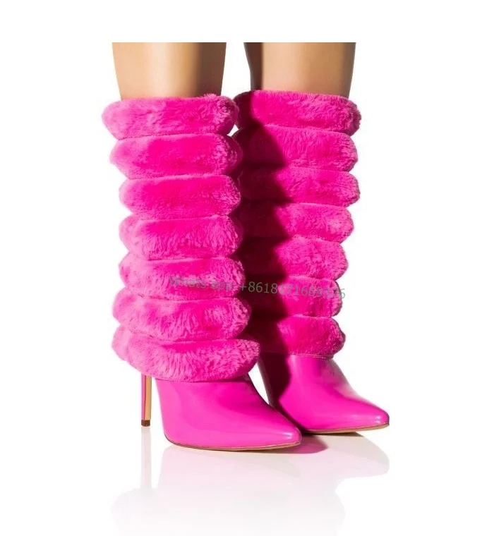 Fuchsia Fur Pointed Toe Stiletto High Heel Boots Fashion Lady Knee High Sexy Boots Luxury Women Shoes Party Fluffy 2023 Leather