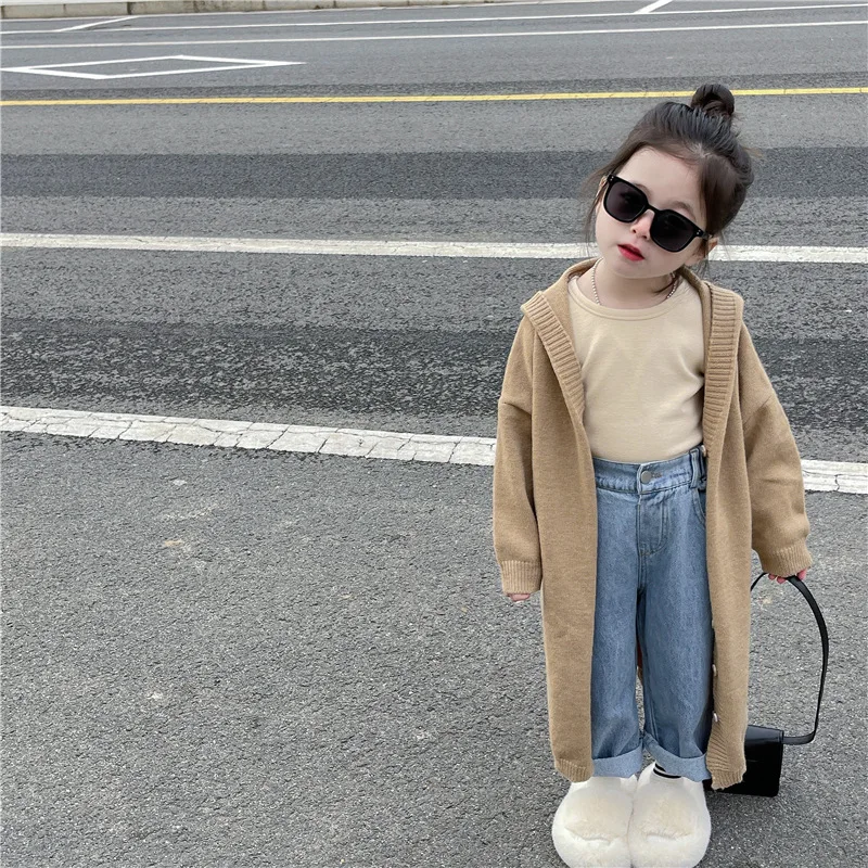 2024 Spring New Korean Children Wear Girls Long Knitted Woolen Coat with Leisure and Western Style Hooded Cardigan Coat Trendy