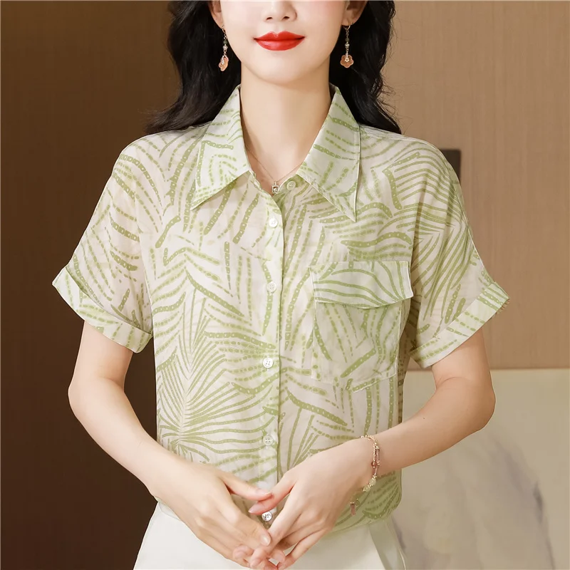 Summer Fashion Women Printed Blouses Silk Shirts 2024 Vintage Shirt Sleeve Casual Straight Tops Femme Blusas Mujer Elegant