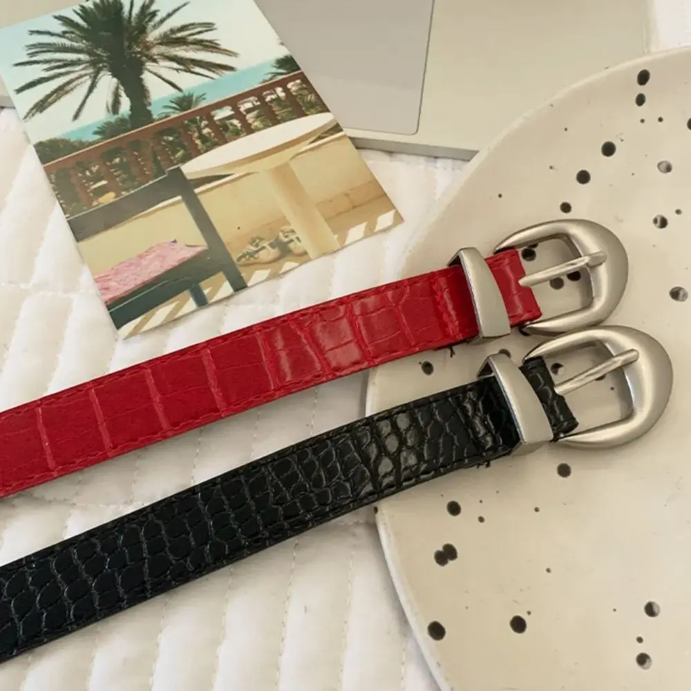 High-End Crocodile Pattern Women's Belt PU Leather Korean Thin Waist Belt Y2k Black Red Dress Jeans Belt For Ladies