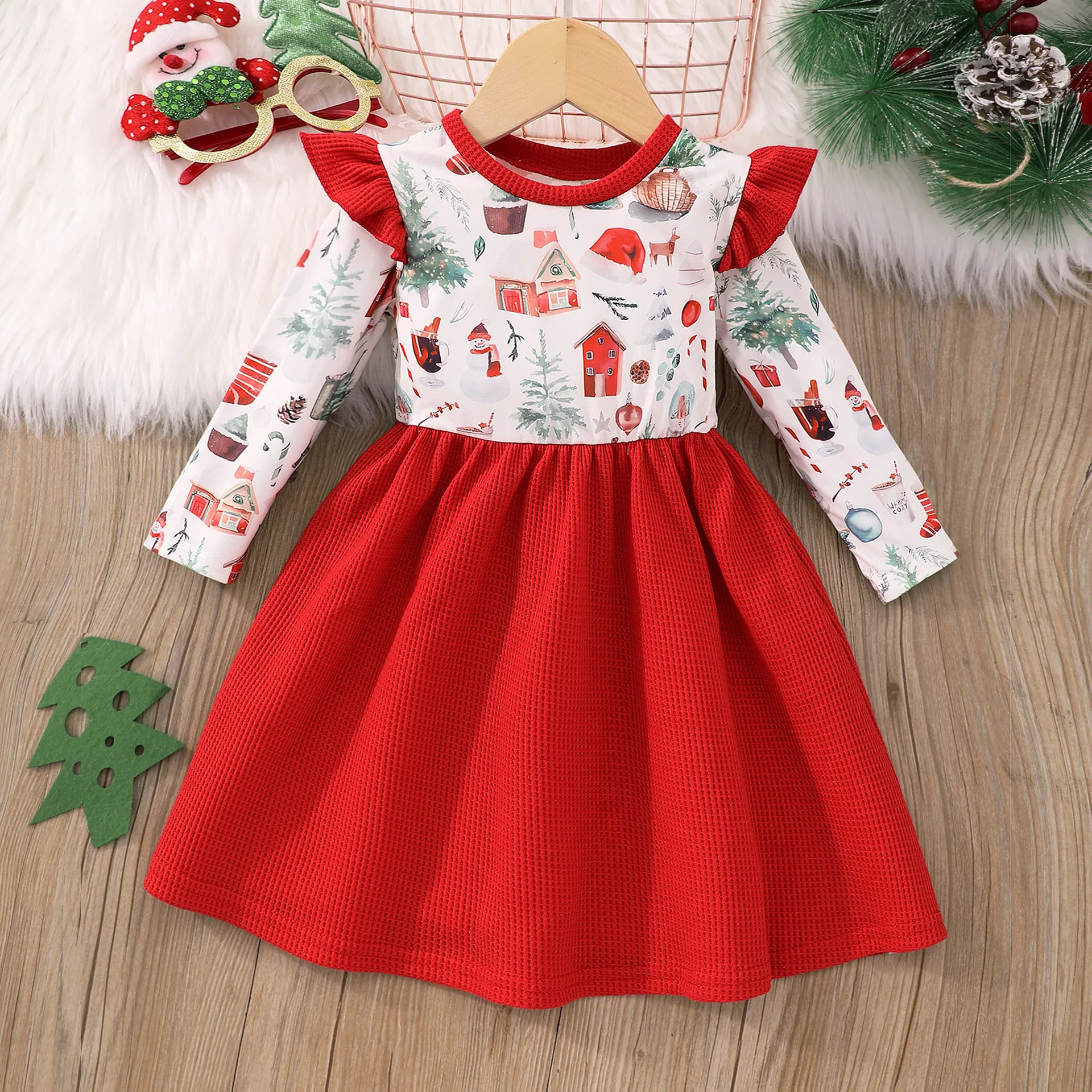 

Children's dress New girls' long sleeve Christmas Snowman floral pattern daily casual dress size 90-130 1-8 years old