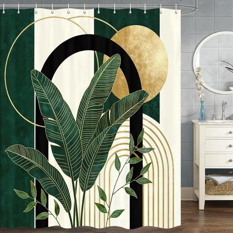 Waterproof Shower Curtain No Drill Dark Green Gold Foil Geometric Tropical Plant Print Bathroom Decor with 12 Hooks