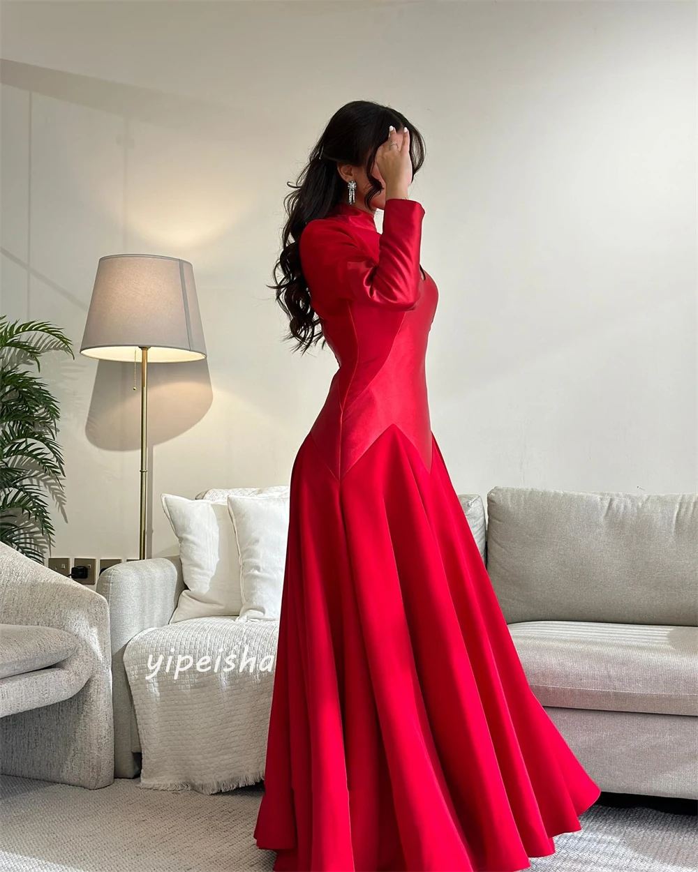 Jiayigong Satin Draped Ruched Evening A-line High Collar Bespoke Occasion Gown Long Sleeve Dresses