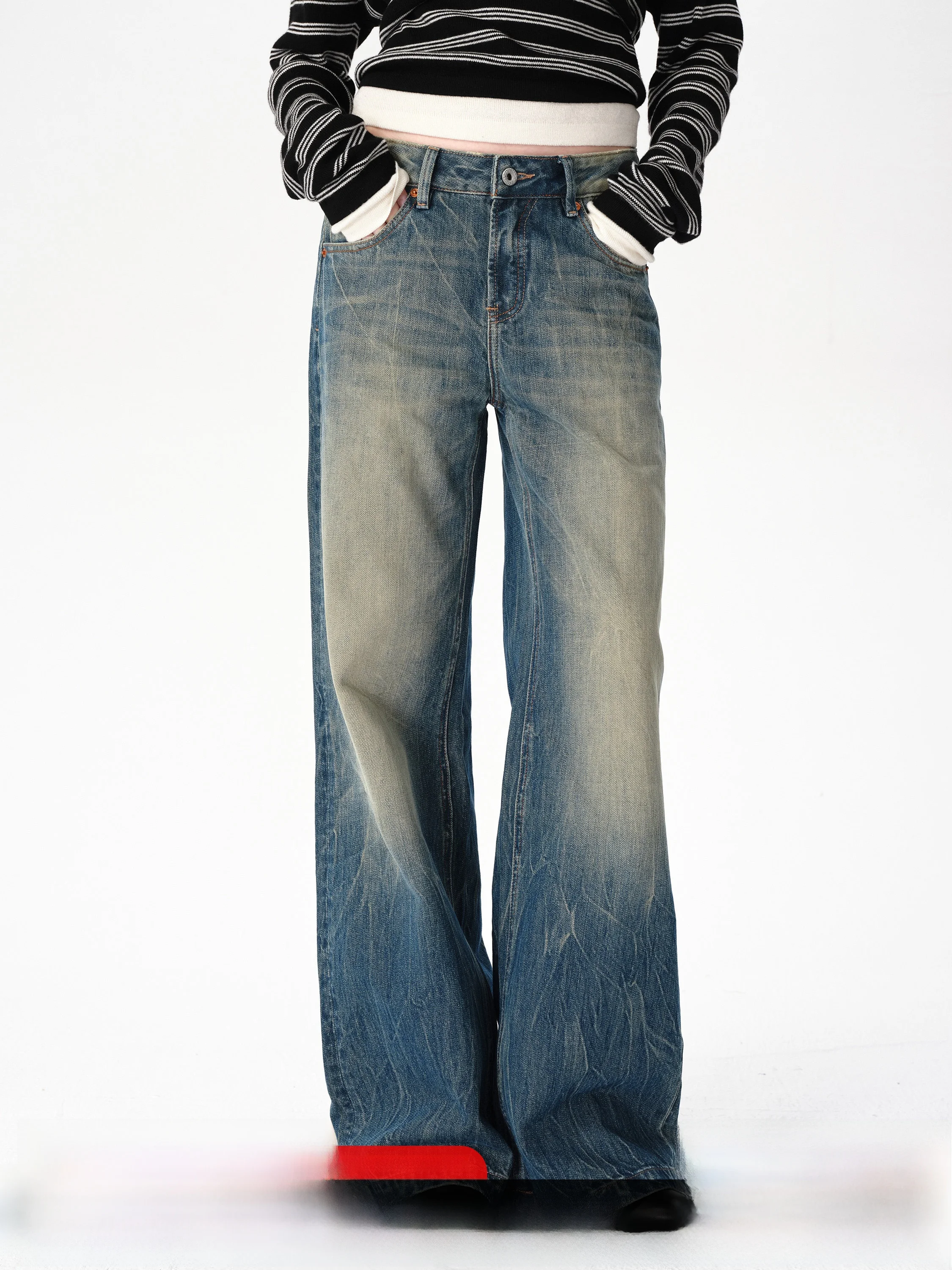 

SMIIILE винтажные джинсы ручной работы с заниженной талией и широкими штанинами, прямые джинсы, женские осенне-зимние свободные брюки