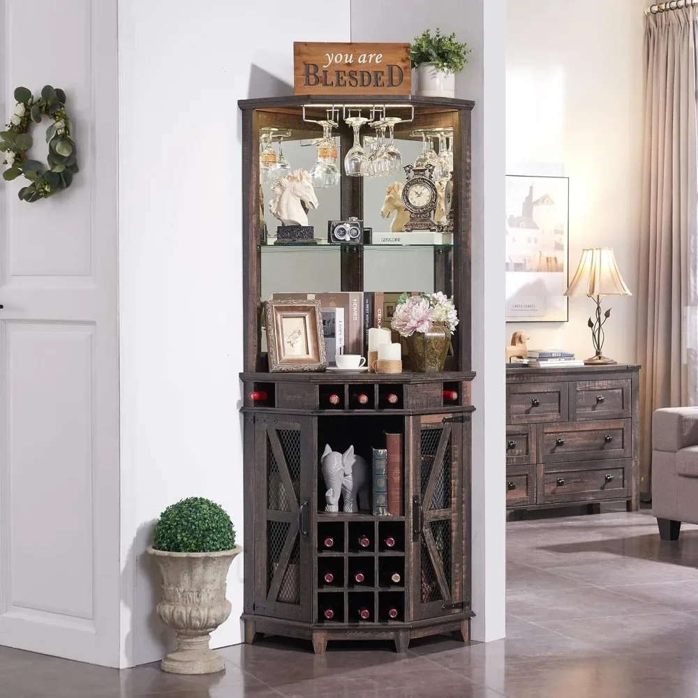 Armoire de rangement de bar d'angle avec lumière LED, armoire de bar à vin de ferme de 72 po de haut, porte de grange et étagère réglable, armoire de bar à la maison