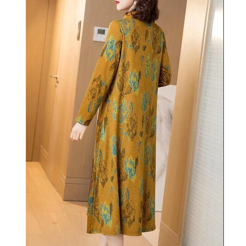 Primavera autunno moda donna stampa floreale oversize stile etnico abiti eleganti Casual mezzo collo alto manica lunga vestito Midi