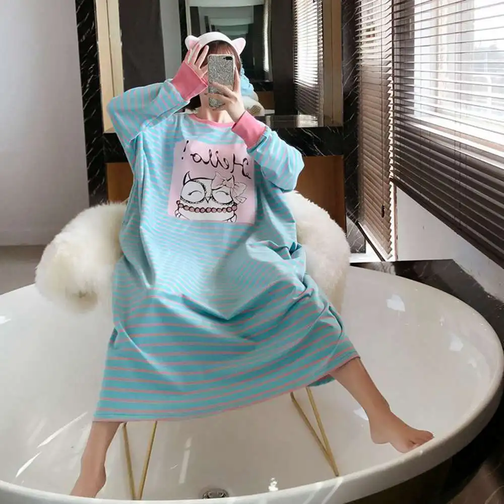 Plus size 5XL 140KG Autumn Long Night Dress Long Sleeve Women O-Neck Cartoon Printed Sleepwear Casual Oversized Home Dress