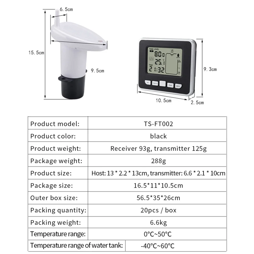 Medidor de nivel de líquido de tanque de agua inalámbrico ultrasónico con Sensor de temperatura, Monitor de nivel, pantalla de tiempo, indicador de batería baja A, 1pc