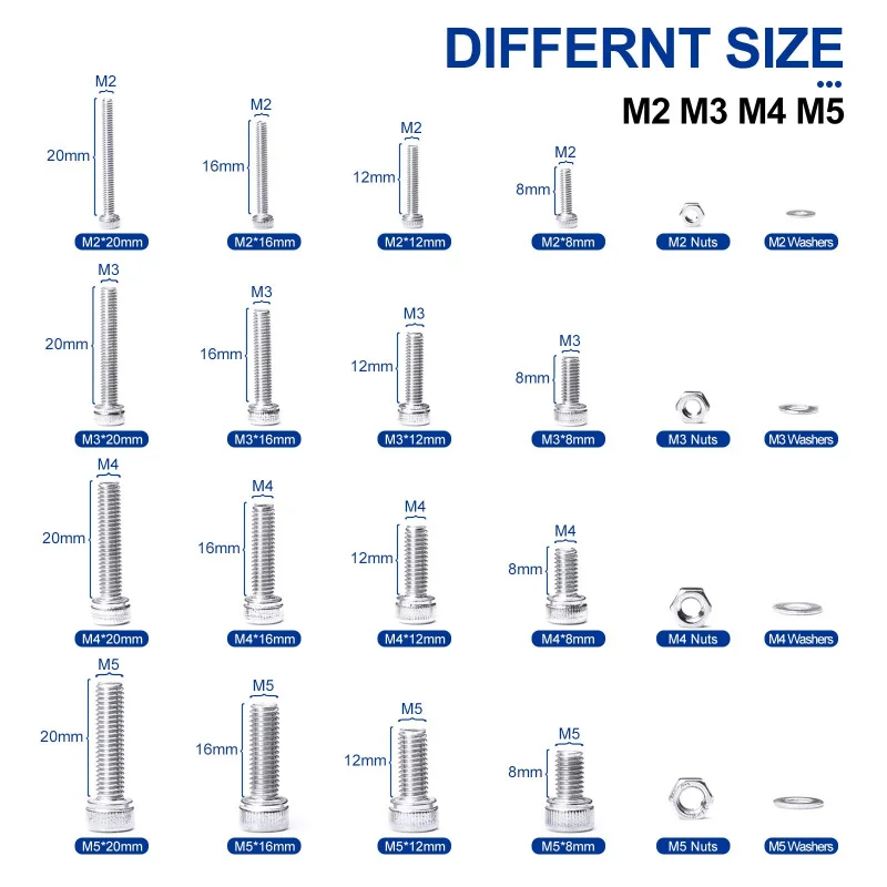 880PCS 304 Stainless Steel Screw Nut Bolt Washer Kit - M2 M3 M4 M5 Hex Socket Head Cap Machine Screw Set with Allen Wrench