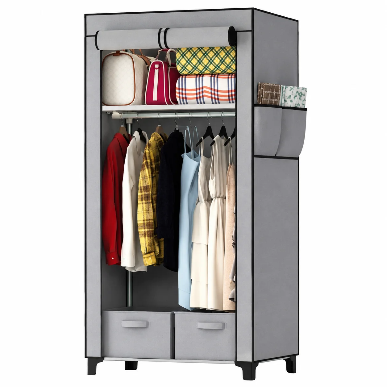 Armario de Lona Gris con 2 Rieles para Colgar, 2 Cajones y 4 Bolsillos Laterales para Guardar Ropa en el Dormitorio, Oficina u Hogar