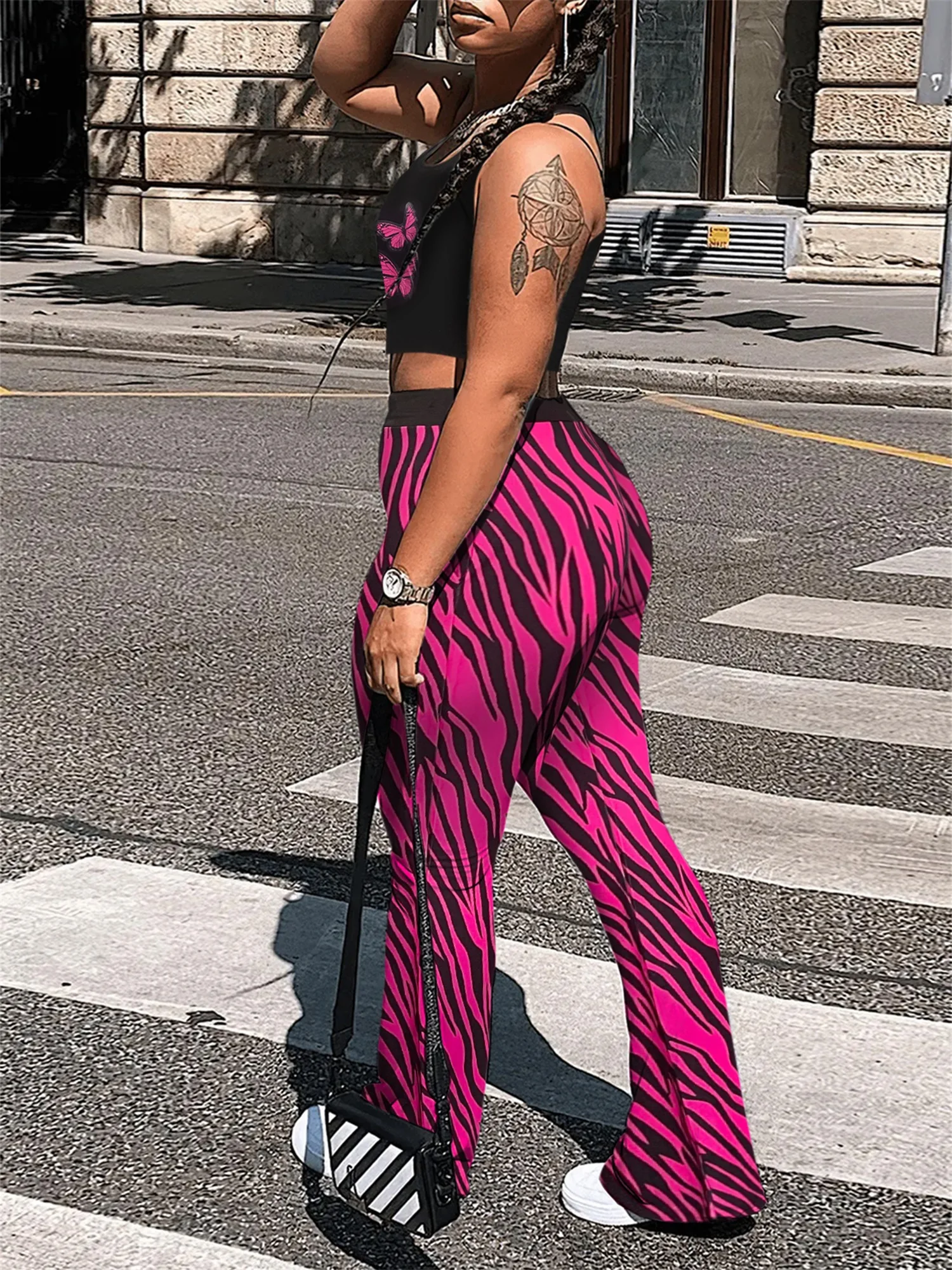 LW Multicolor Two Pieces Pants Suits Summer & Spring 2pcs Outfits Sleeveless Bare Waist Crop Top & Loose Fit Flared Pants