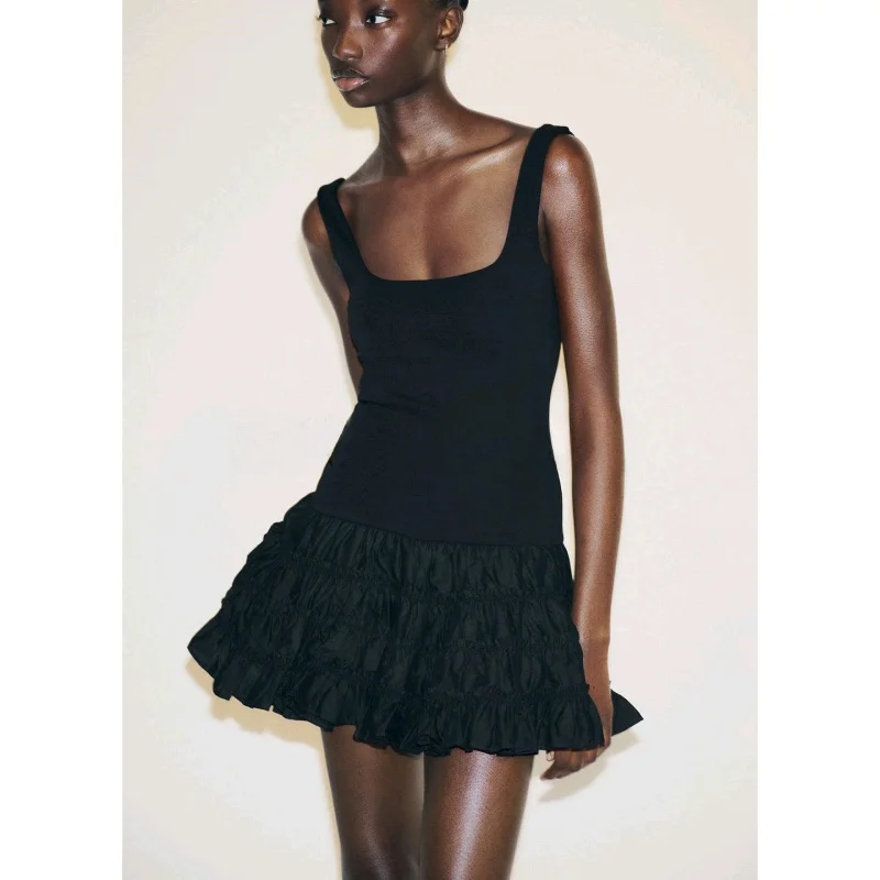 Vestido Casual F de Verão com Estilo mata, Detalhes em Babados, Barra em Camadas, Decote Quad, Sem Alças, C...