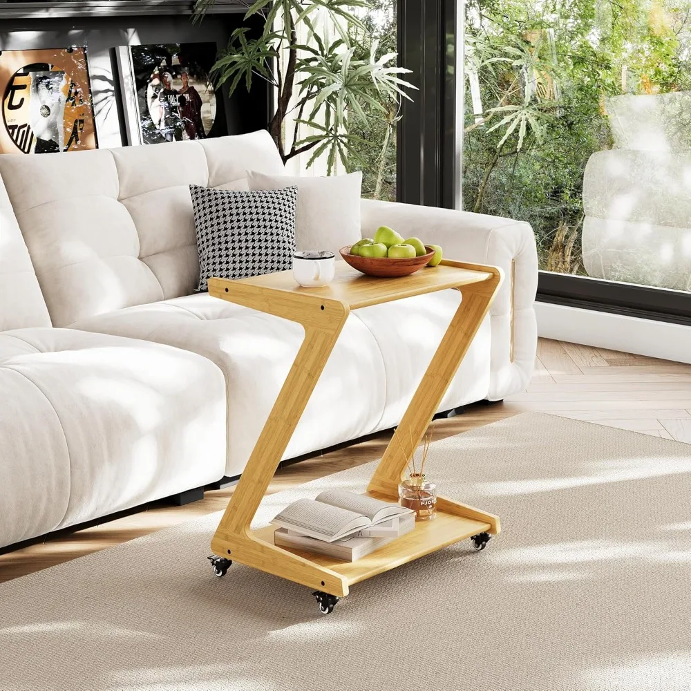 

Бамбуковый Z-образный катящийся столик для дивана и кровати, универсальный мобильный стол для закусок для гостиных