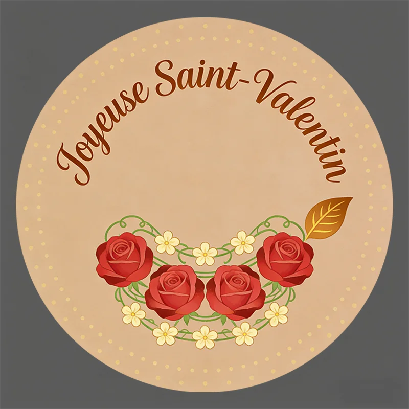 

Round Stickers - Rose & Flower "Joyeuse Saint-Valentin" Design with Leaf & Dot Pattern for Gift Packaging, Greeting Card Decor