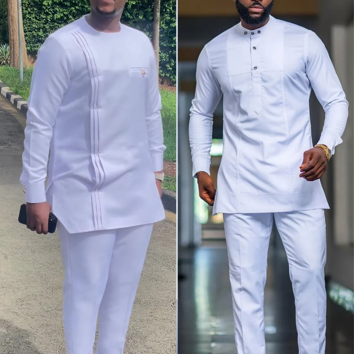 Men's Designer Clother Solid Color White Luxury Brand Clothing For Male African Traditional Outfit Dashiki 2Pc Elegant Men Suits Full Pant Sets