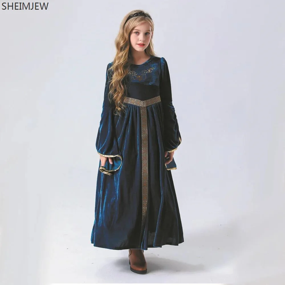 

Enfant Suede Flared Sleeve Long Dresses Medieval Vintage Court Noble Ball Performance Dress Cosplay Stage Performance Costumes