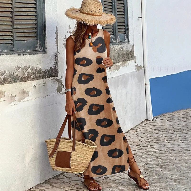 

Women Dress Summer New Fashion Leopard Print Sleeveless Split Loose Casual