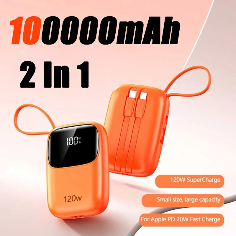 

100000mah 120w Mini Large Screen Digital Power Bank With Built-In Three Wire Fast Charging Mobile Power Bank For Xiaomi Iphone