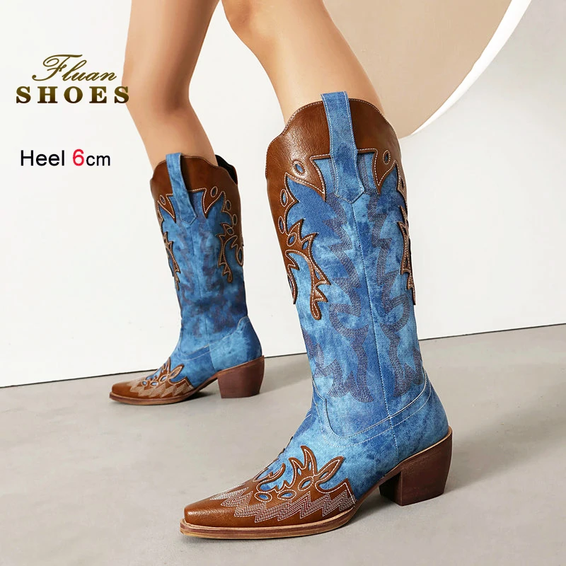 

Fashion Women Denim Long Boots Autumn/Winter New Pointed Thick Heel 6CM Large Western Cowboy Boots Not Over Knee Knight Shoes