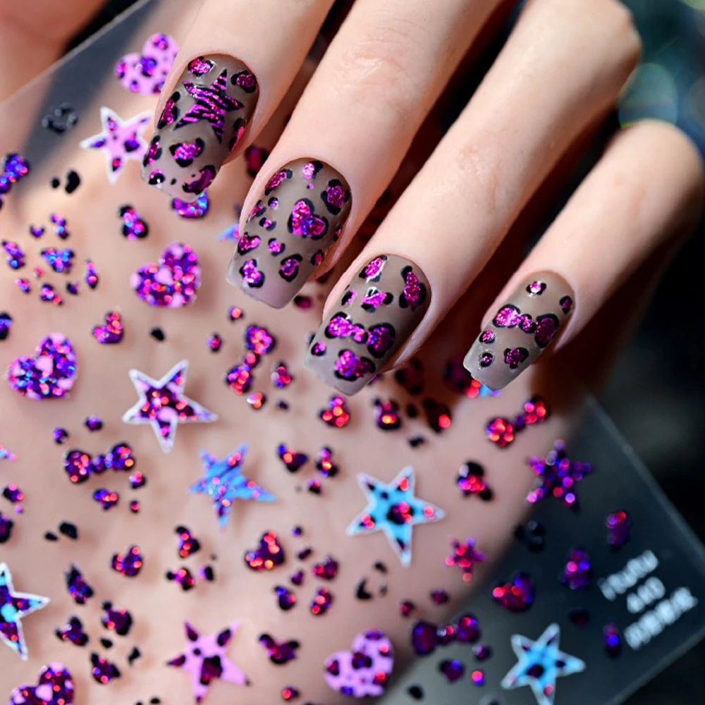 

5D Sparkly Leopard Bowknot Star Heart Nail Sticker Pink Purple Leopard Print Design Nail Decals Cool Girl Manicure Slider Decora