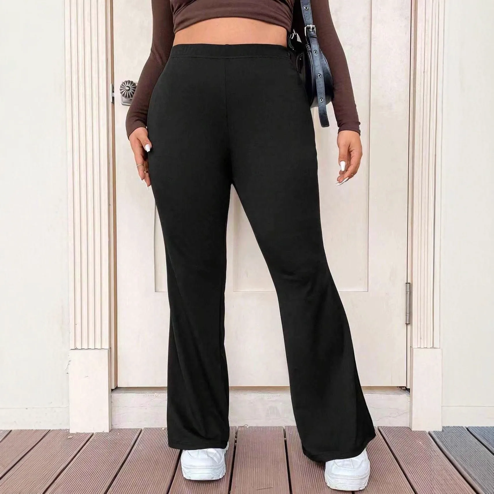 Fringe Flared Leg Pants High Waist Full Length with Slight Stretch Regular Thickness Elegant Commuter Chic Spring Women Pants