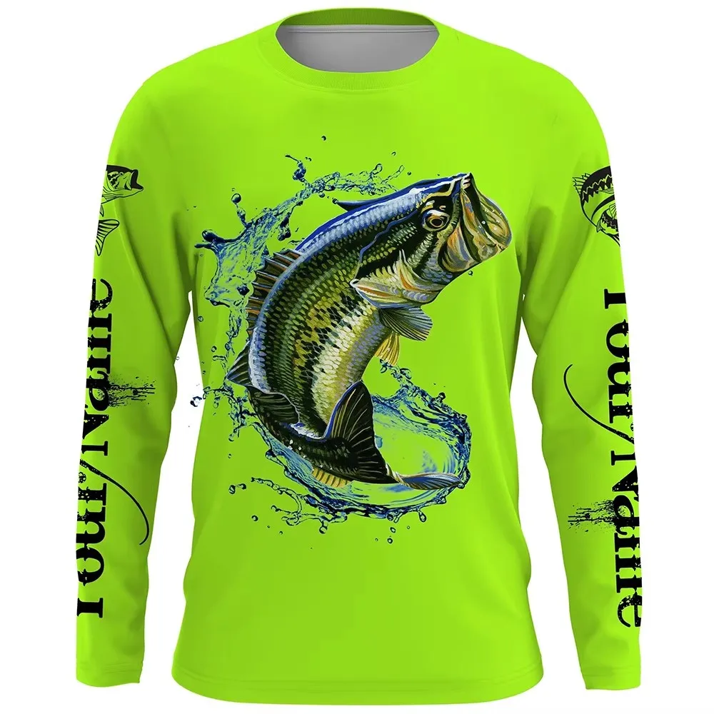 New Green Spring/Summer Men's Outdoor Fishing Shirt 3D Sea Bass Printed Fishing T-shirt Men's Long Sleeve Casual Shirt Top T-shi