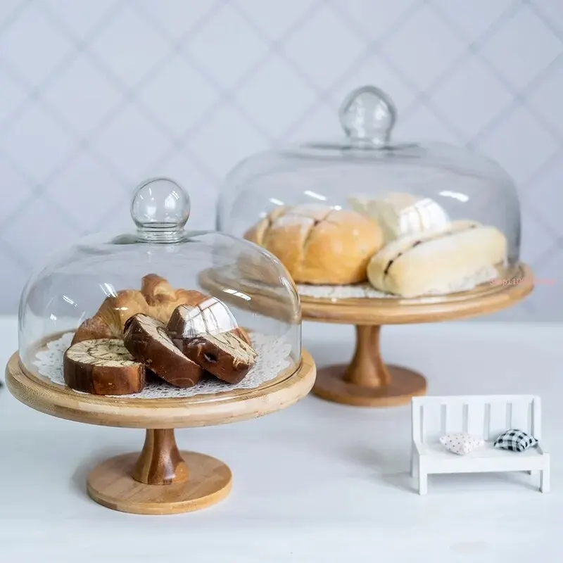 European Style Tall Cake Tray Glass Cover Bread Display Fruit Tasting with Lid Rotating Home Decoration Ornaments