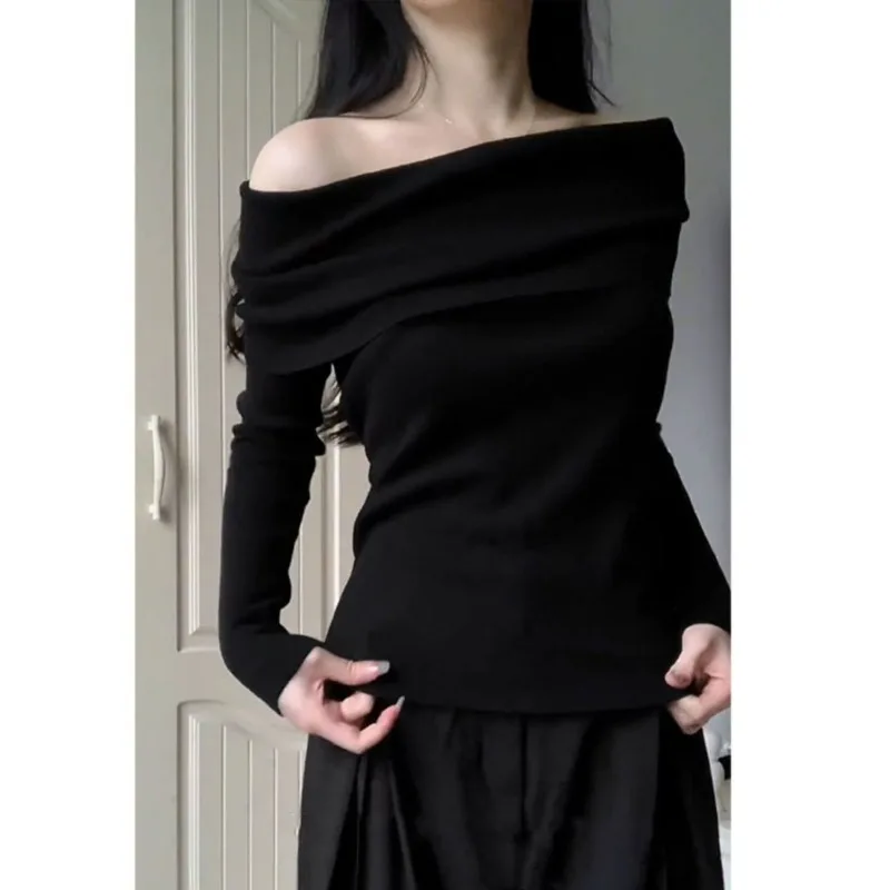 Unique Off-shoulder Top Slim-fitting Tshirts Pullovers Long-sleeved Knitted Ribbed Shirt Black Upper Outer Garment Women Clothes