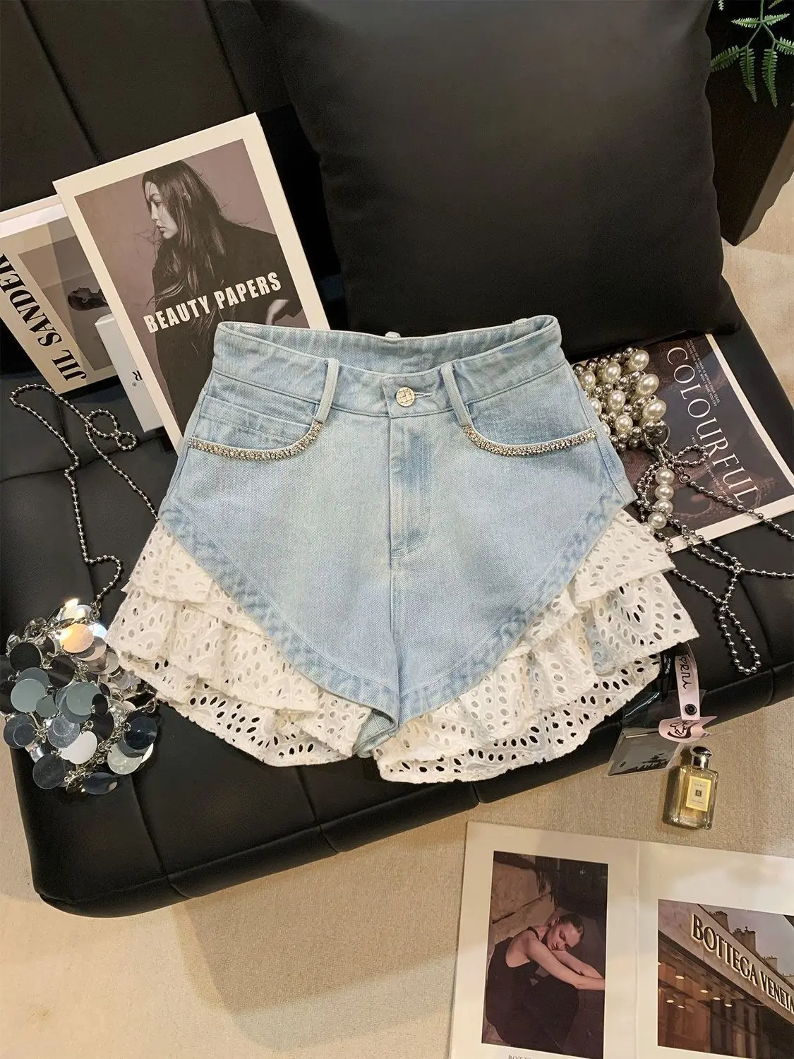 High Waist Lace Stitching Hollow Denim Shorts Women's Summer New Jean Shorts