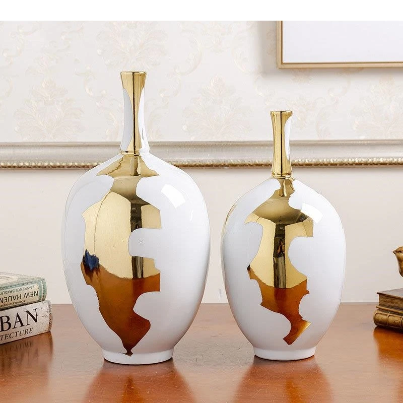 Gold-plated Ceramic Vase Modern Design Flower Pots Desk Decoration Artificial Flowers Decorative Shiny Porcelain Floral Vases