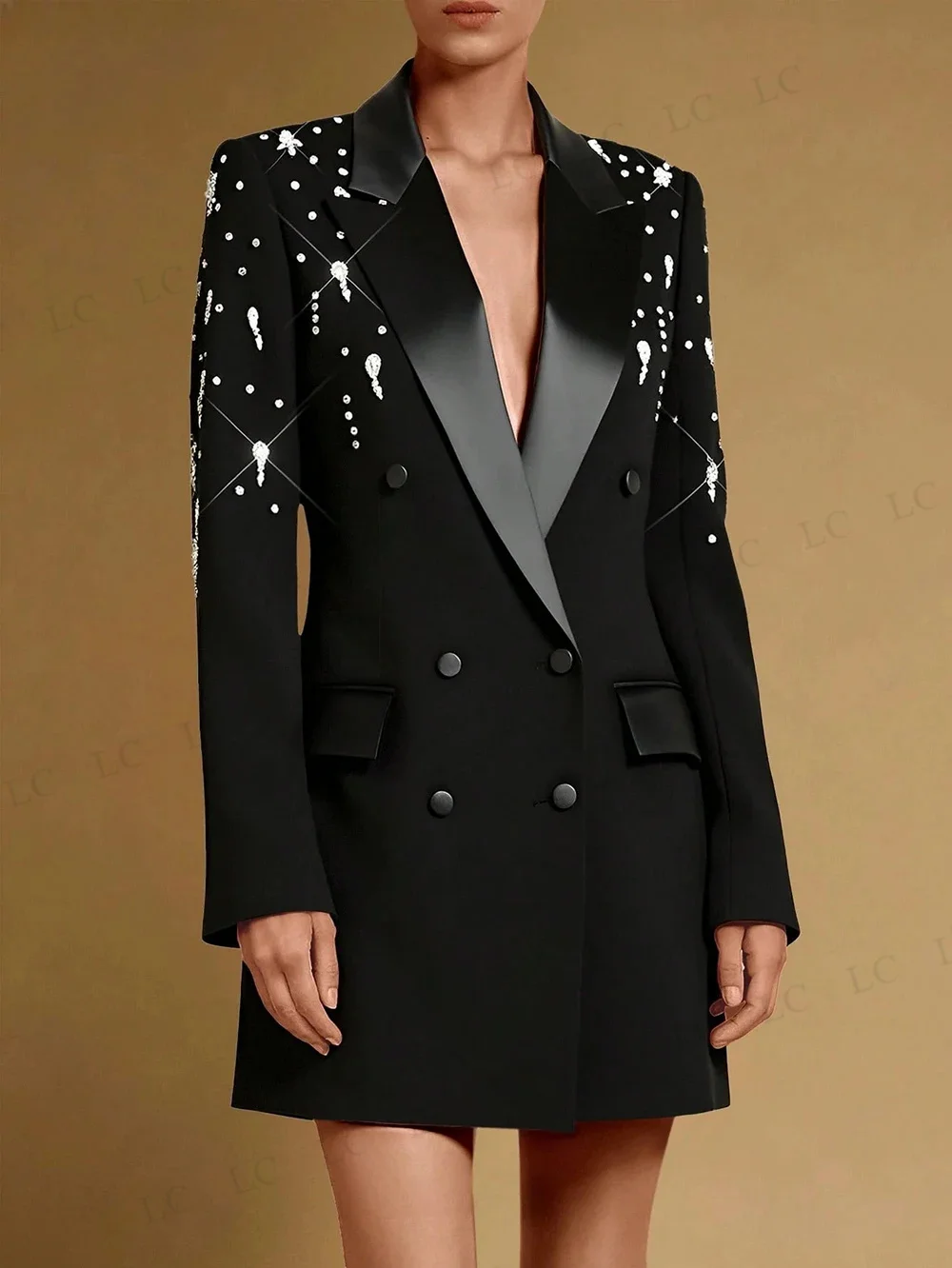 V-neck Women Suits One Piece Beads Blazer One Button Diamonds Evening Gowns Satin LapelFormal Custom Made Plus Size Tailored