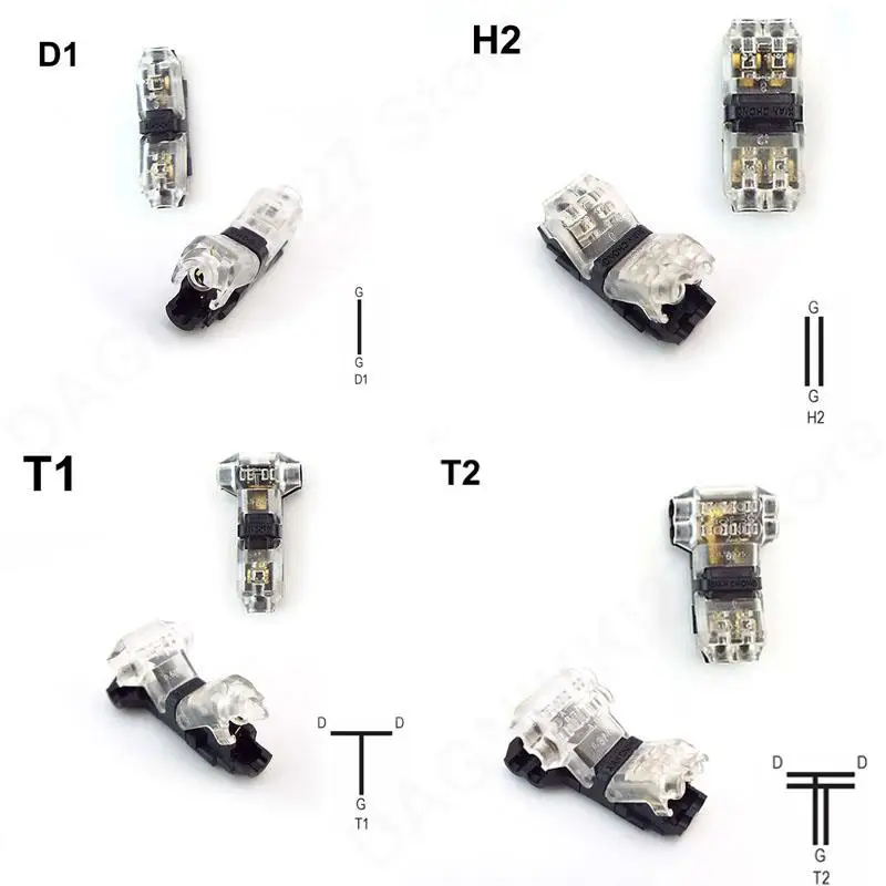 D1 T1 t2 H2 T Type Scotch Lock Quick electric Wire Connectors 2 Pin Cable 3 Way No Soldering Compact Crimp Terminal Block V27