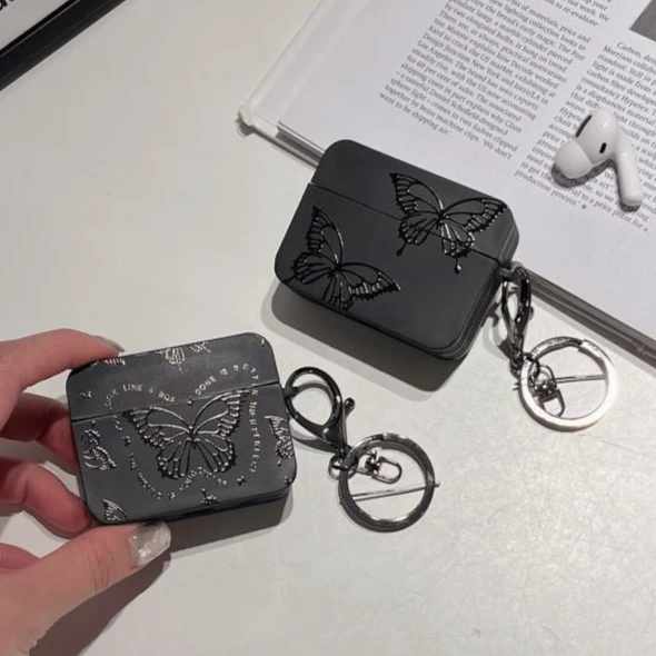 For Airpods Pro 2 3 1 4 Cases Luxury Butterfly PU Leather Black Matte Earphone Case With Keychain Shell Soft Protective Cover