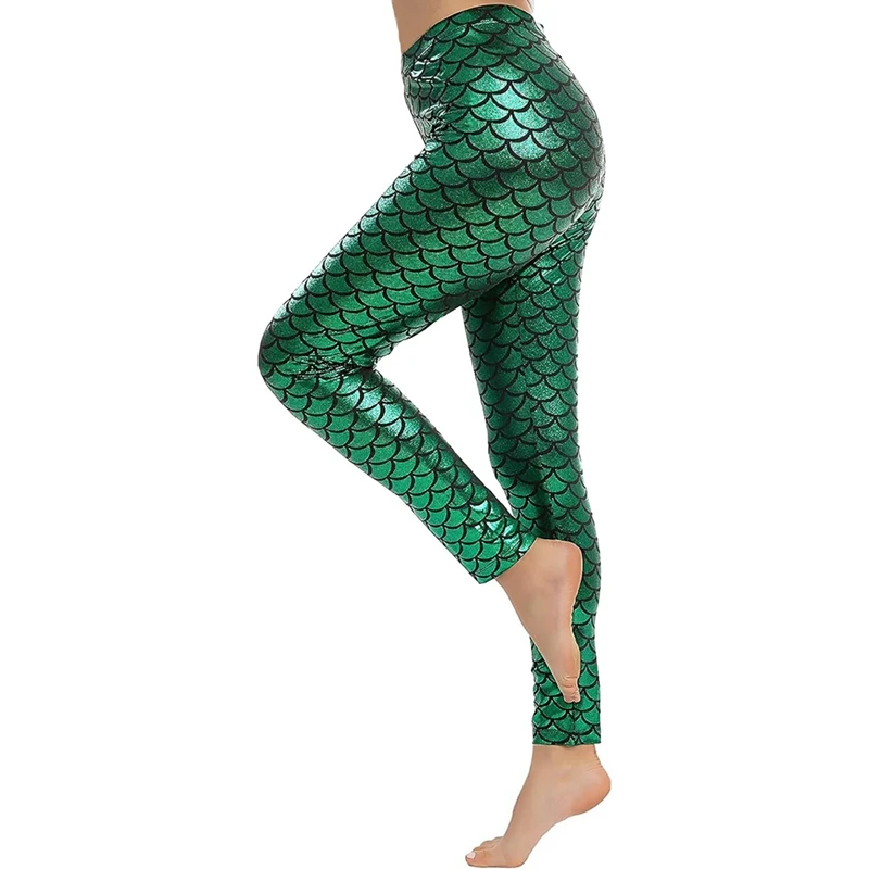 Women's Mermaid Legging In Shiny Green Fish Scale Design High Waisted Stretch Pants For Casual And Party Wear