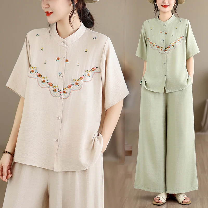 

Korean Style Women's Summer Cotton Linen Set Short Sleeve Casual Pants Two Piece Suit Artistic Commute Style Floral Pattern