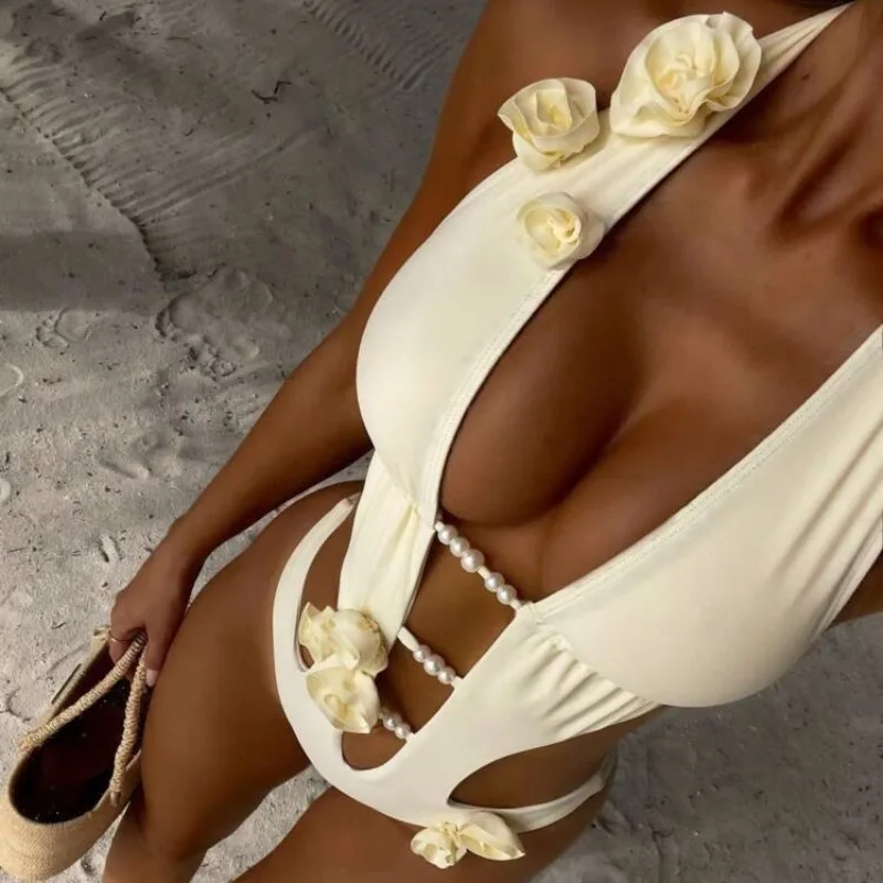 Sexy 3D Blumen Tiefem V-ausschnitt Halter Frauen Bademode Badeanzug Weibliche High Cut Bein Monokini Badende Badeanzug Schwimmen 2025