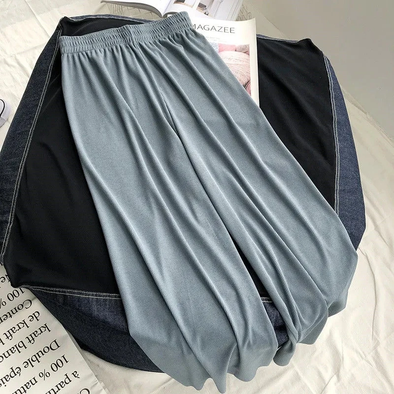plus Size Women's Ice Silk Wide Leg Pants High Waist Loose Fit Casual Nine-Piece Straight Leg Summer Fashion plus Size Clothes