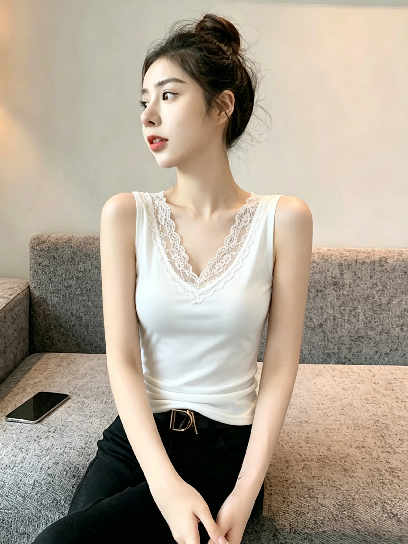 Women's Lace V-neck Strap Vest Summer New Style Sleeveless Slim Fit Base Layer Top Cotton 95% Spandex 5% Summer Essential Tan...