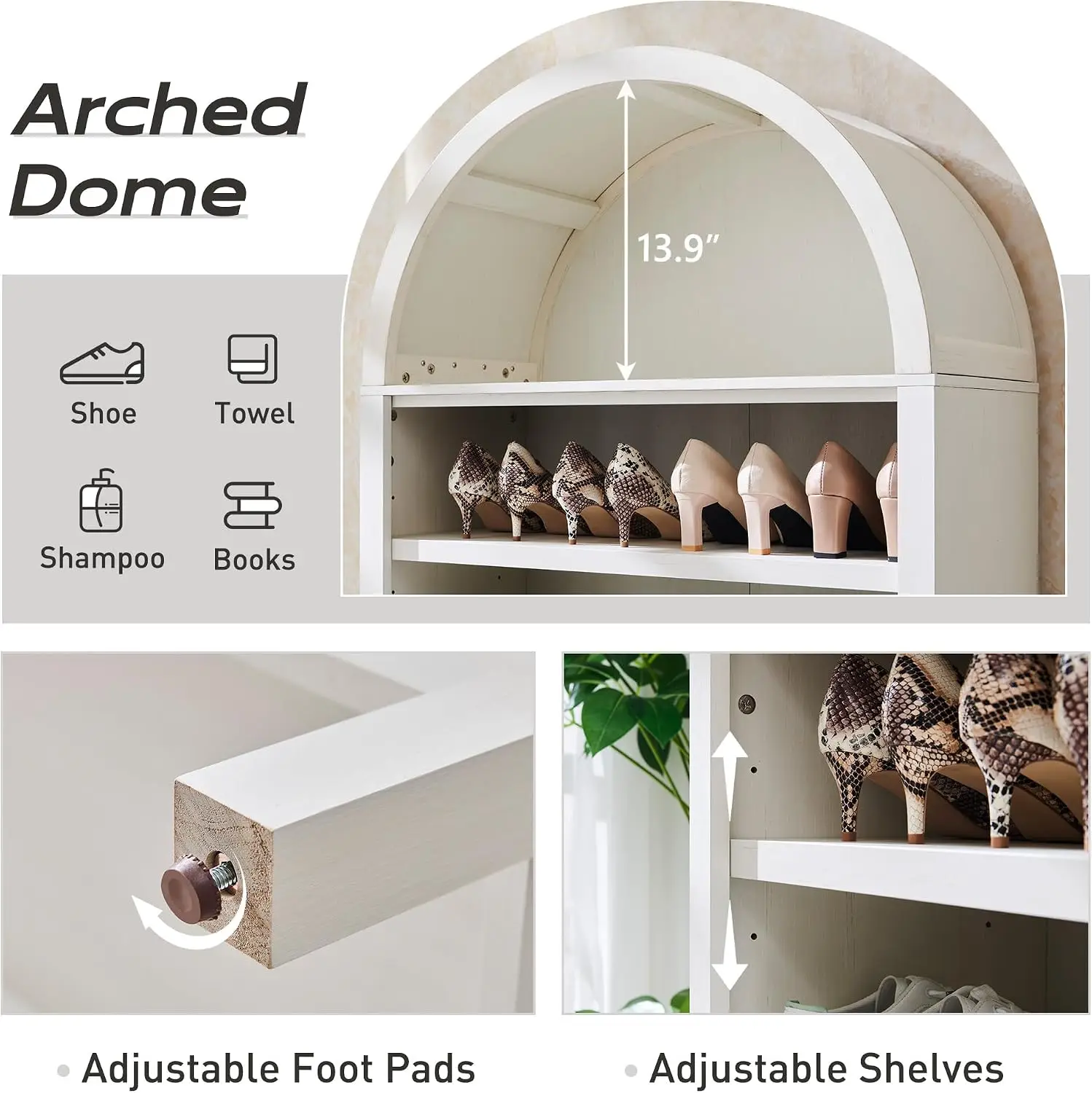 71 Inch Tall Arched Open Bookshelf 7 Tier Storage Bookcase with Adjustable Shelves Wooden Display Rack for Living Room Home Office Antique White