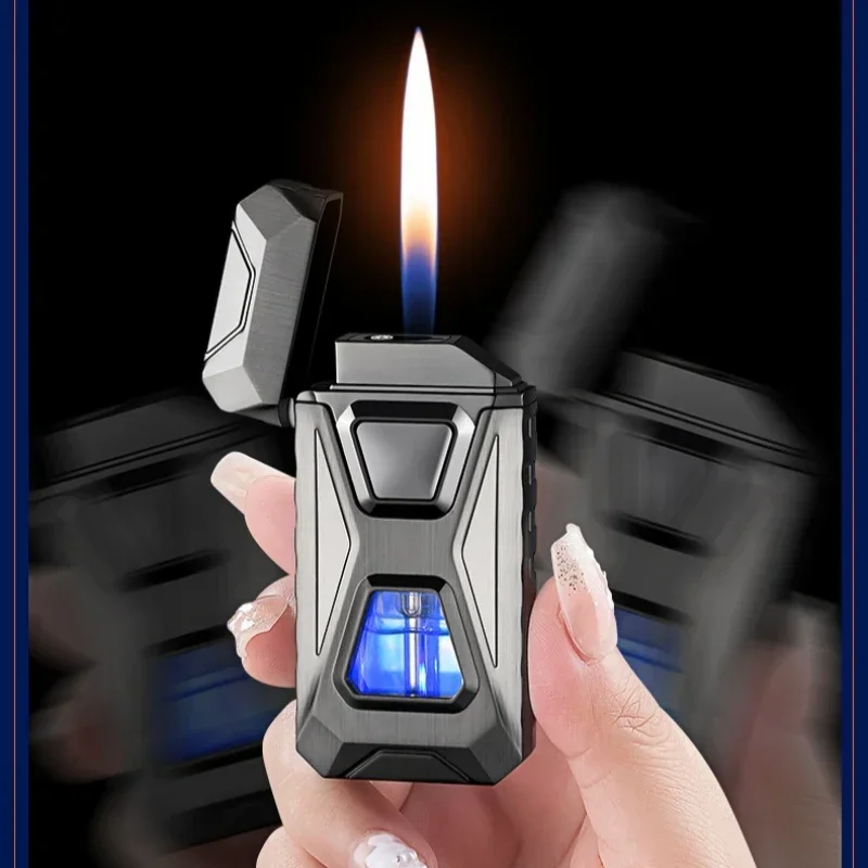 HOT Voice Controlled Ignition Dual Flame Butane Gas Lighter Open Fire Switching Jet Fire Visual Gas Window USB Electric Lighters