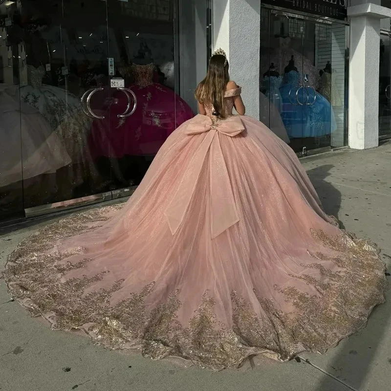 Angelsbridep brilhante rosa ouro quinceanera vestidos arco luxo ouro rendas trem vestidos de 15 anos festa aniversário personalizado