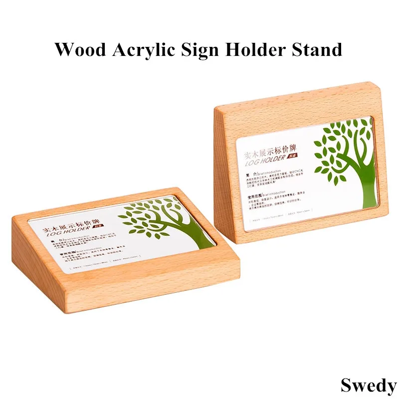 90x54mm Small Desktop Acrylic Sign Price Tag Label Paper Name Card Holder Display Stand Wood Sign Holder Stand