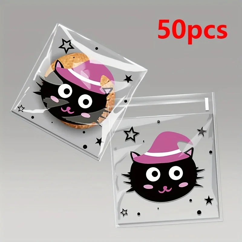 50pcs Halloween Cartoon Pumpkin Gost Bat Pattern Plastic Self-Adhesive Bags for DIY Homemade Cookie Party Jewelry Gifts Bag