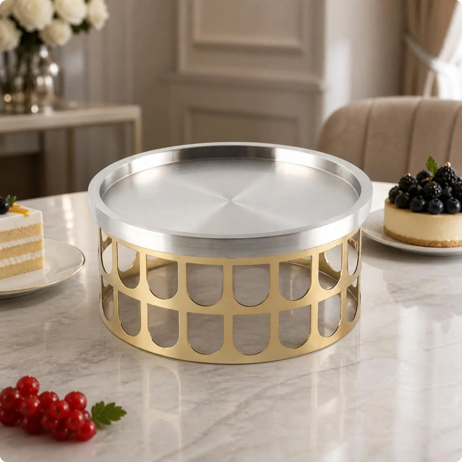 Serving Platter with Base | Stainless Steel Construction, Elegant Bicolor Finish, Pedestal Tray, for Tabletop Centerpiece