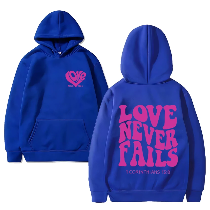 Love Never gagal hoodie kasual Preppy Christian uniseks kualitas tinggi atasan 2024 diskon besar pullover Pria Wanita dengan Cetak