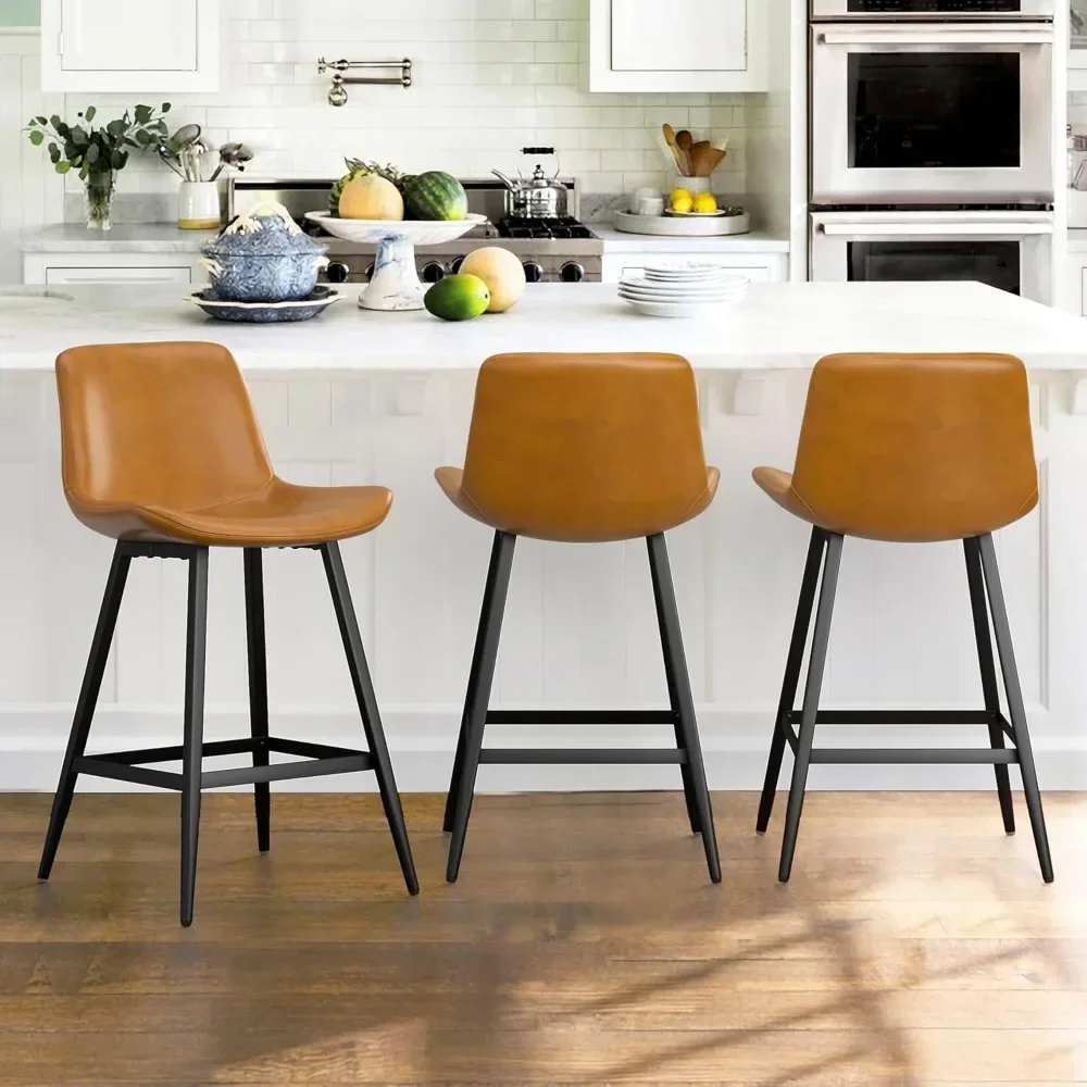 Counter Stool Set of 3, 24 Inch Faux Leather Bar Chairs with Back and Footrest, Modern Bucket Barstool