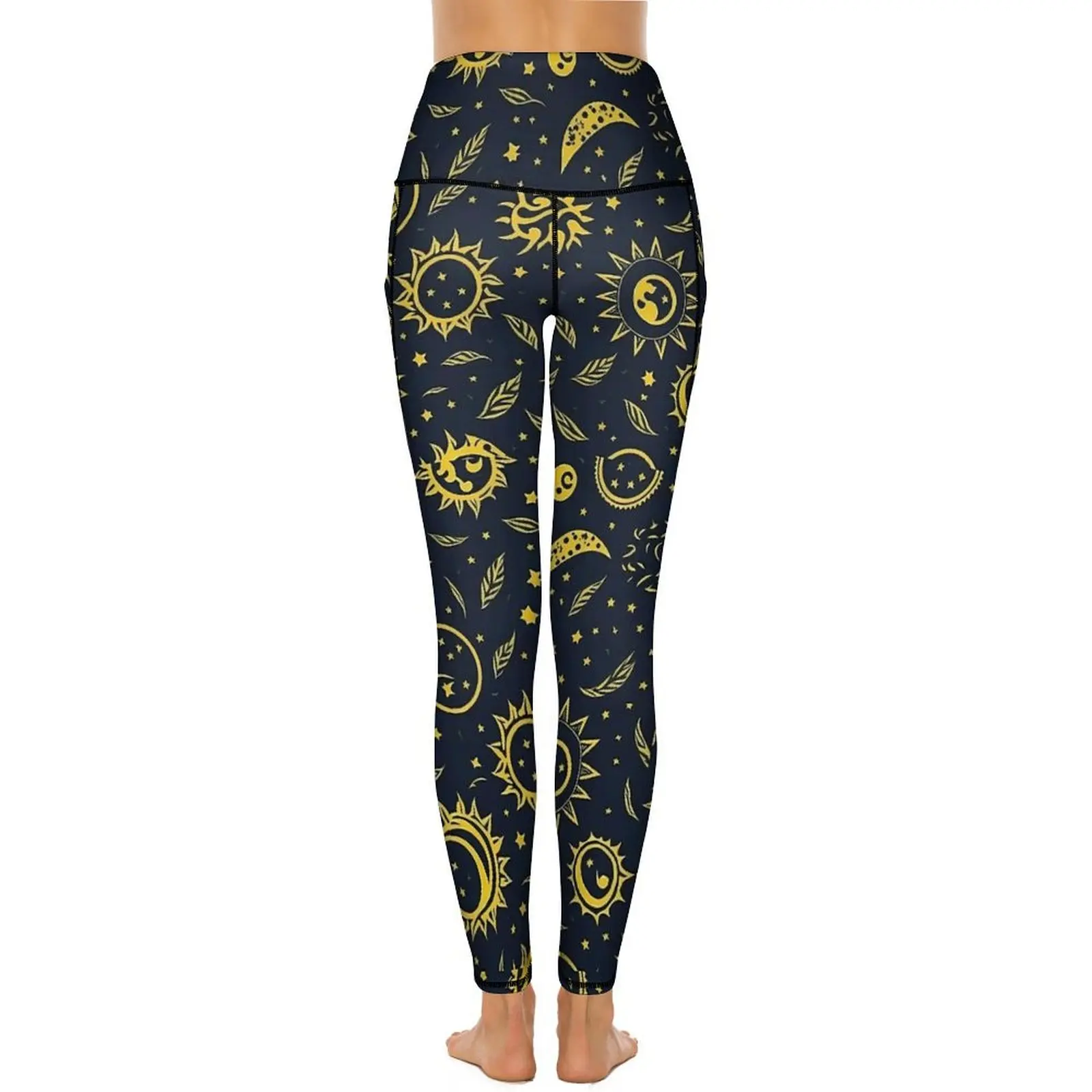 Leggings de yoga sexy à poches sur le thème du soleil et de la lune, leggings push-up, collants de sport élégants, design extensible, leggings de fitness cool