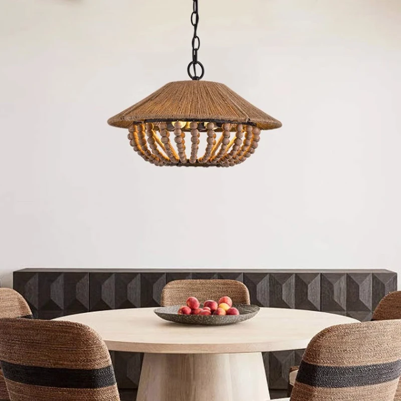 

American Retro Wabi Sabi Hand-Woven Hemp Rope Room Decor Led Chandelier Living Dining Bedroom Japanese Creative Wooden Bead Lamp